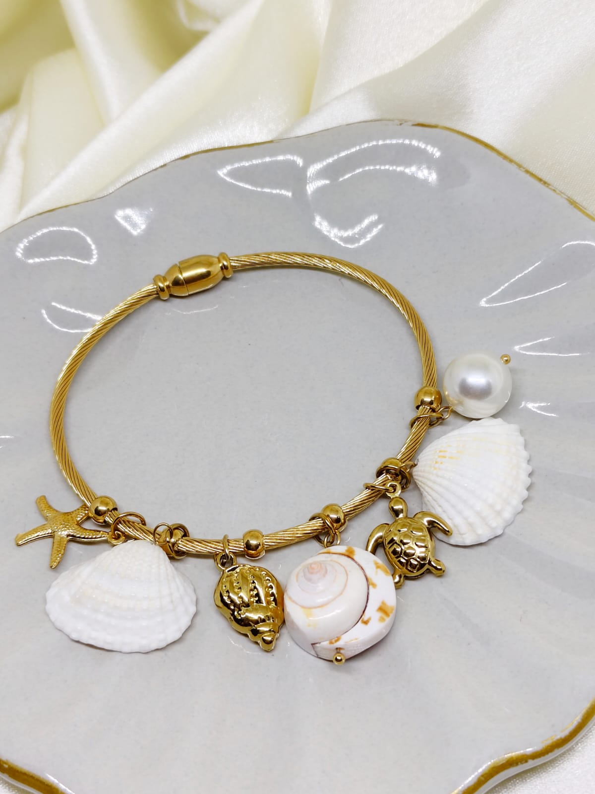 Ocean Charm Gold Bracelet for Women | Shell & Starfish Charm Bangle | Beach Inspired Jewelry | Isha Elite