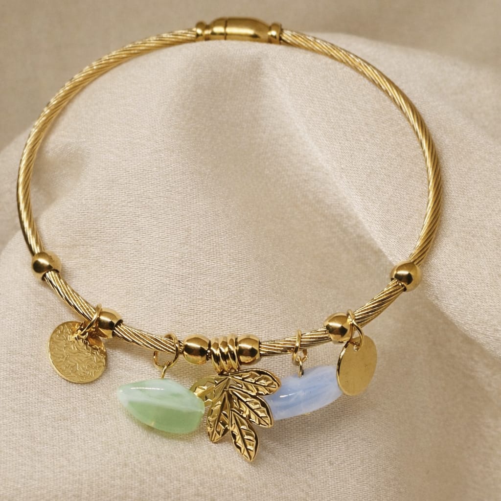 Leaf Charm Gold Bracelet for Women | Nature Inspired Charm Bangle | Elegant Designer Jewelry | Isha Elite