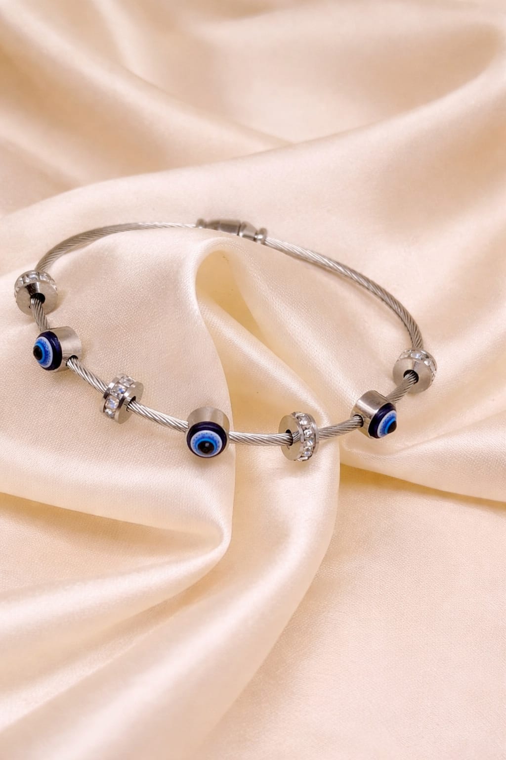 Evil Eye Charm Silver Bracelet for Women | Protection Charm Bangle | Minimalist Designer Jewelry | Isha Elite