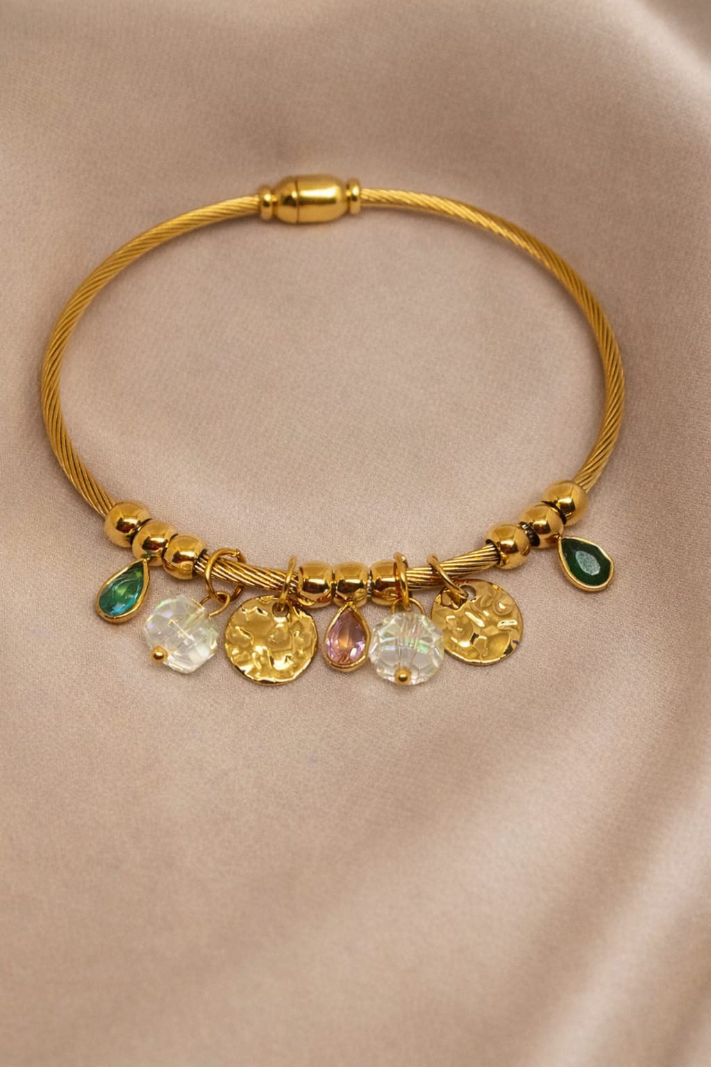 Multi Gem Charm Gold Bracelet for Women | Crystal & Coin Charm Bangle | Elegant Designer Jewelry | Isha Elite
