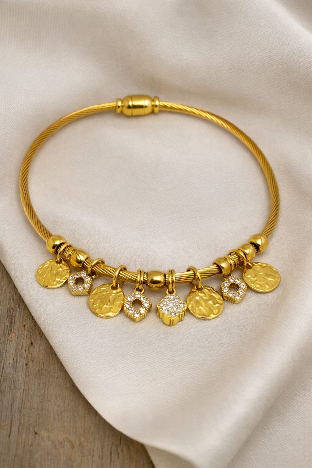 Crystal Heart Charm Gold Bracelet for Women | Coin & Heart Charm Bangle | Elegant Designer Jewelry | Isha Elite