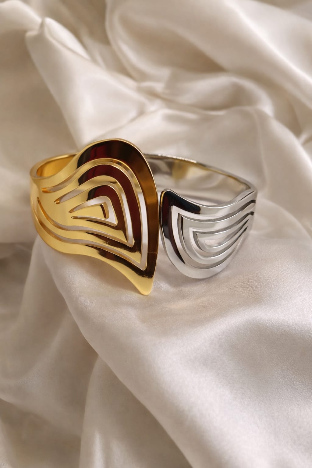 Dual Tone Leaf Cuff Bracelet for Women | Gold & Silver Designer Statement Bangle | Luxury Modern Jewelry | Isha Elite