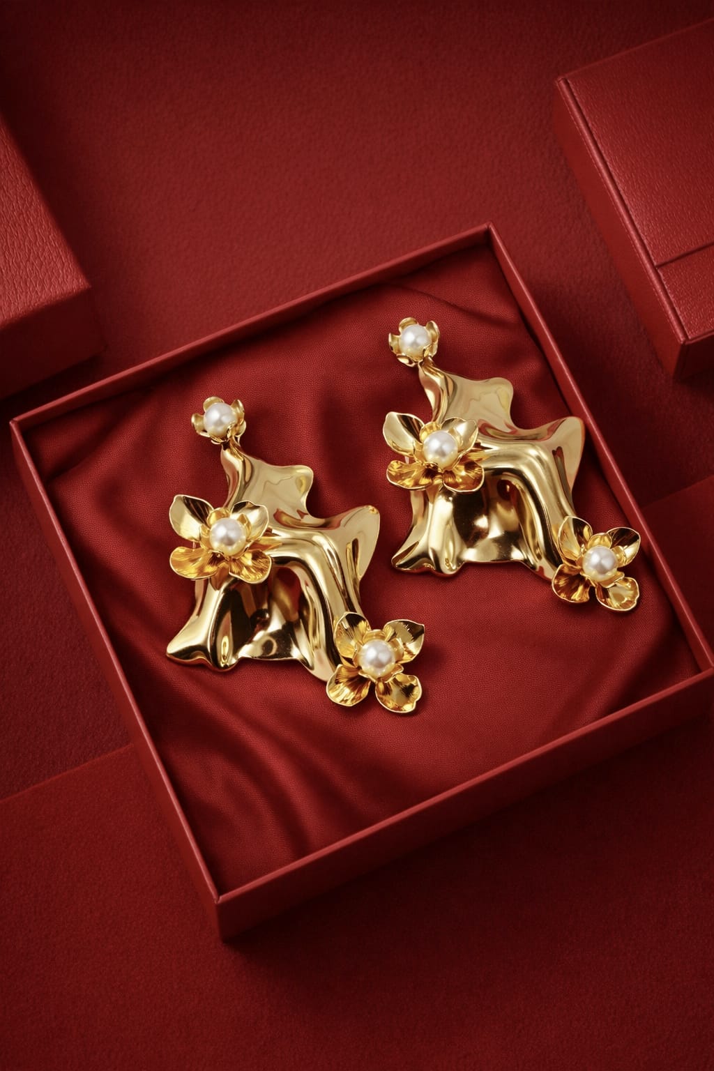 Gold Floral Statement Drop Earrings for Women | Pearl Flower Designer Earrings | Isha Elite