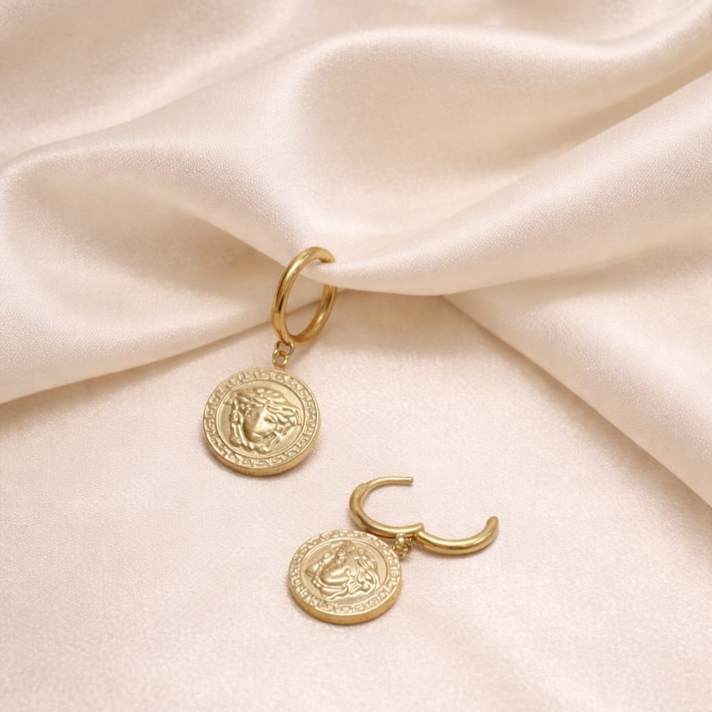 Gold Medusa Coin Drop Earrings for Women | Vintage Coin Designer Earrings | Isha Elite