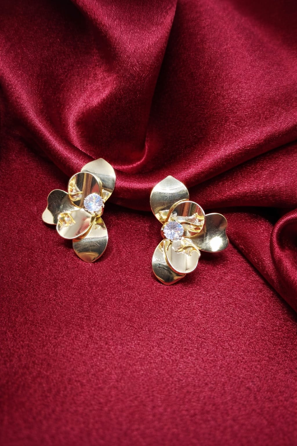 Gold Crystal Flower Stud Earrings for Women | Elegant Floral Designer Studs | Isha Elite