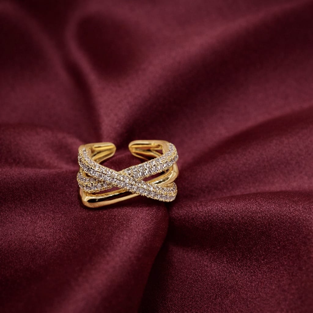 Elegant Criss Cross Adjustable Ring for Women | Gold Zircon Statement Ring | Isha Elite