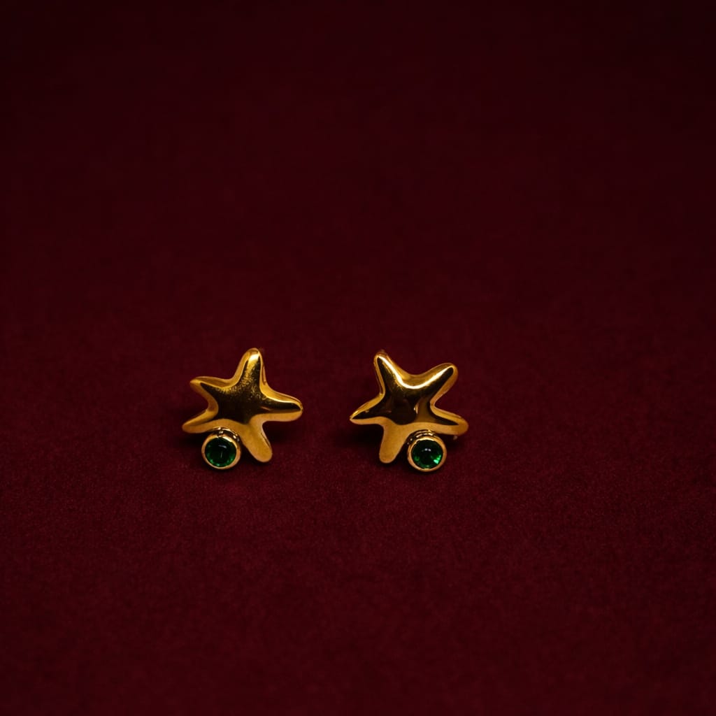 Star Stud Earrings with Green Stone | Minimal Gold Earrings | Isha Elite