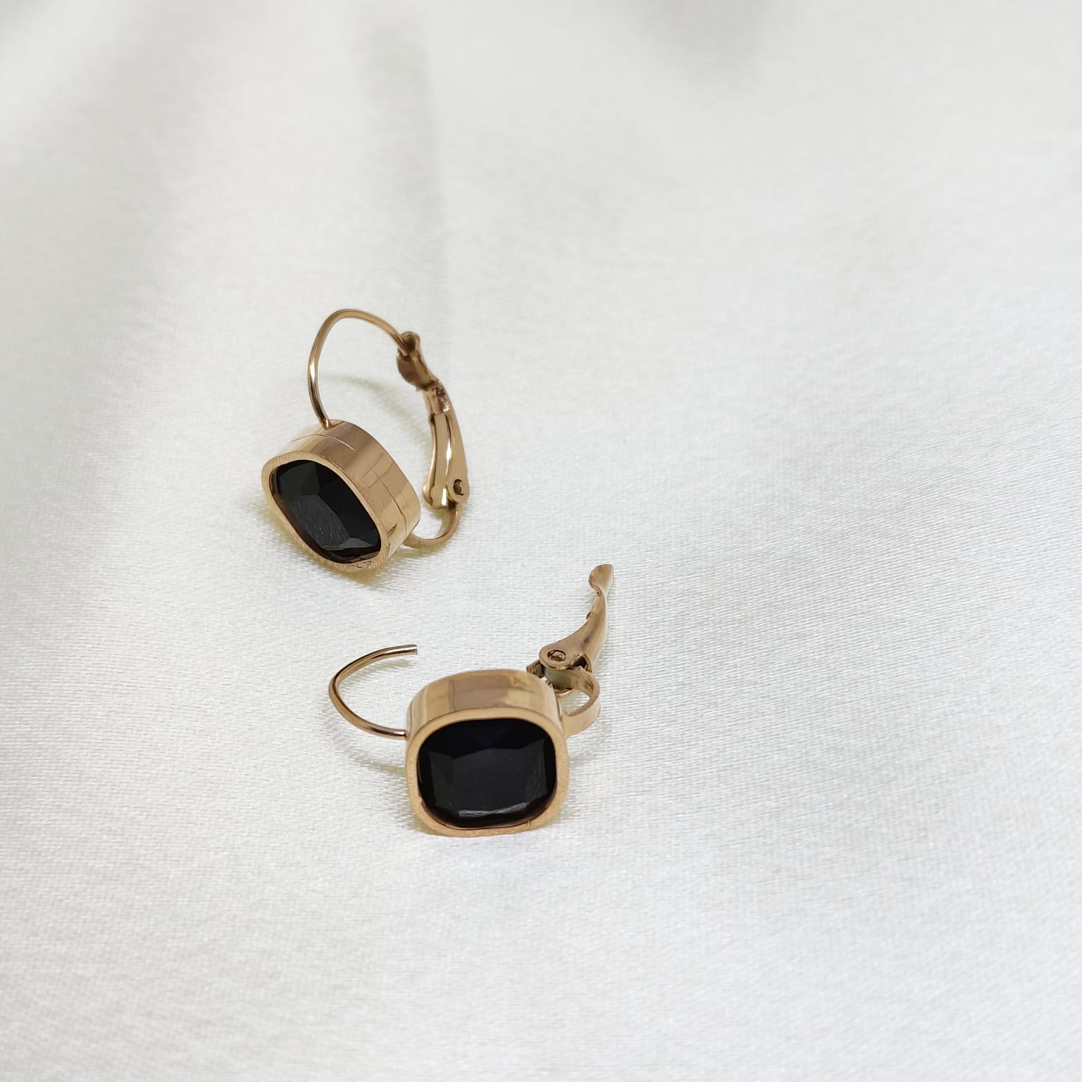Square Stone Gold Drop Earrings | Black & Crystal Stone | Minimal Elegant Earrings | Isha Elite
