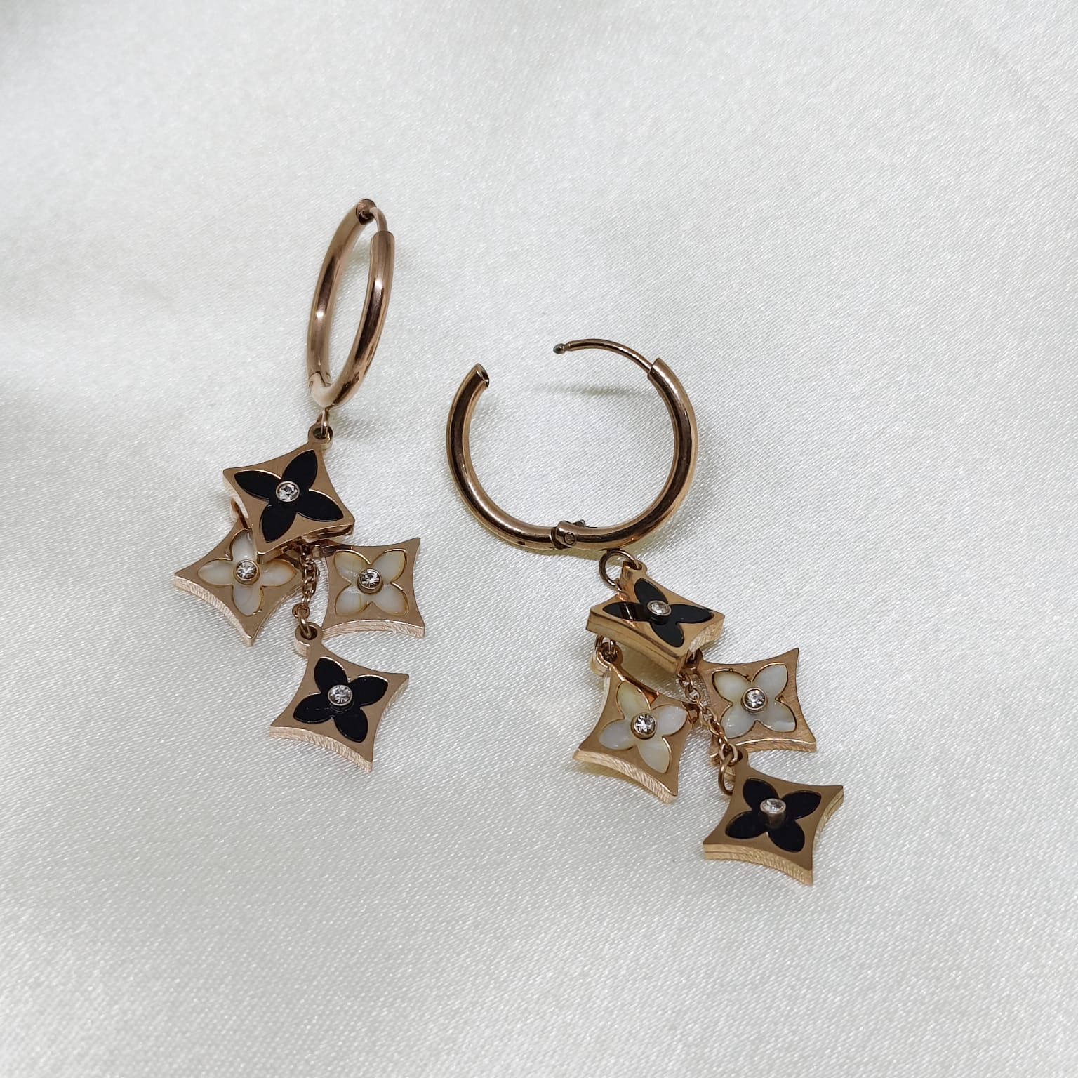 Floral Charm Gold Hoop Earrings | Black & Ivory Flower Dangle Earrings | Isha Elite