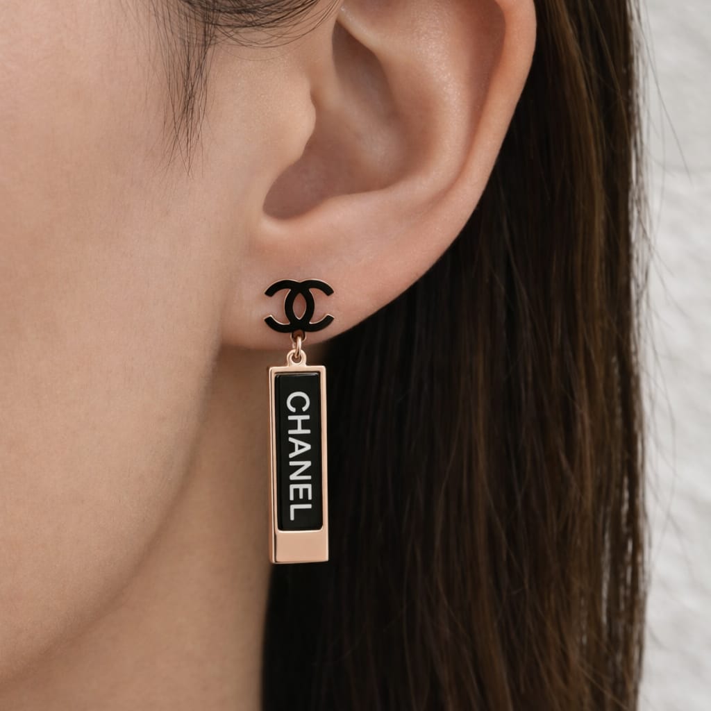 Luxury Inspired Logo Drop Earrings | Black & Gold Statement Earrings | Isha Elite