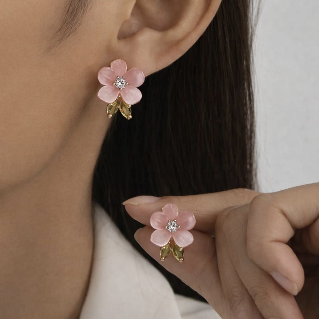 Floral Crystal Stud Earrings | White & Pink Flower Earrings | Isha Elite