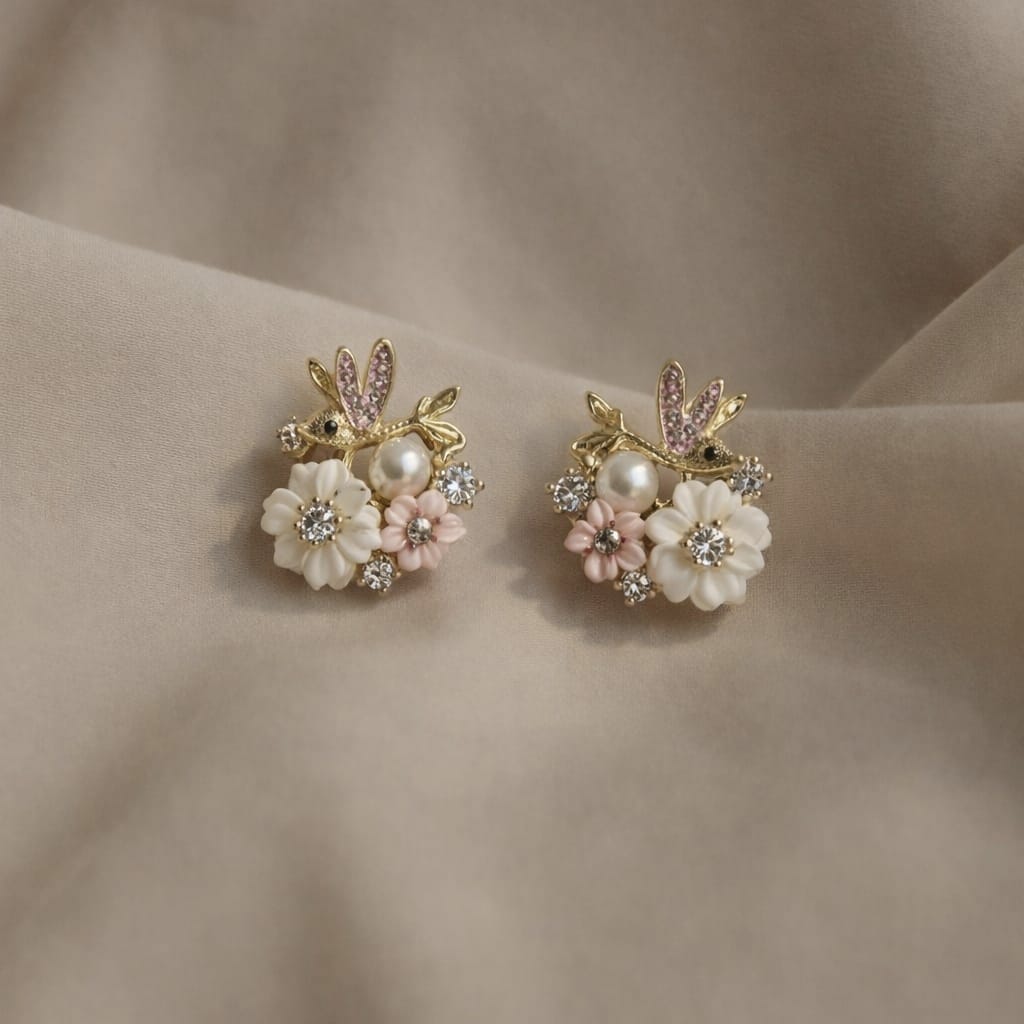 Cute Bunny Floral Pearl Stud Earrings | Premium Designer Earrings | Isha Elite