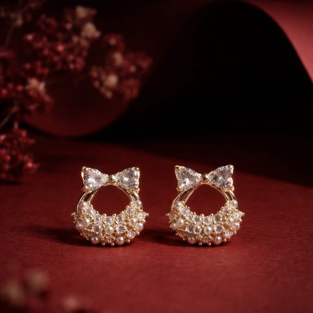 Elegant Bow Pearl Stud Earrings | Zircon Party Earrings | Isha Elite