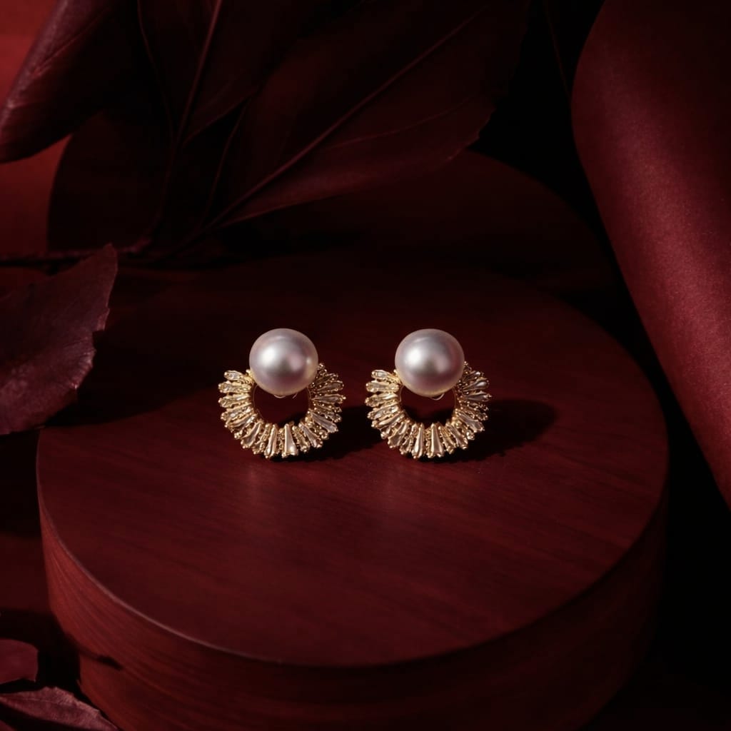 Elegant Pearl Halo Stud Earrings | Gold Zircon Party Earrings | Isha Elite