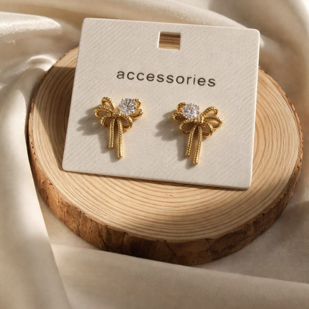 Elegant Bow Zircon Stud Earrings | Cute Gold Minimal Earrings | Isha Elite