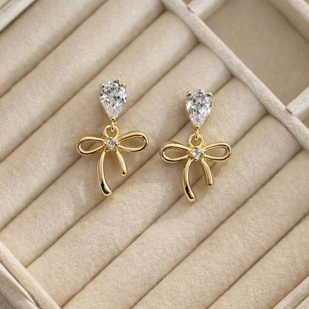 Zircon Bow Drop Earrings | Elegant Gold Cute Earrings | Isha Elite