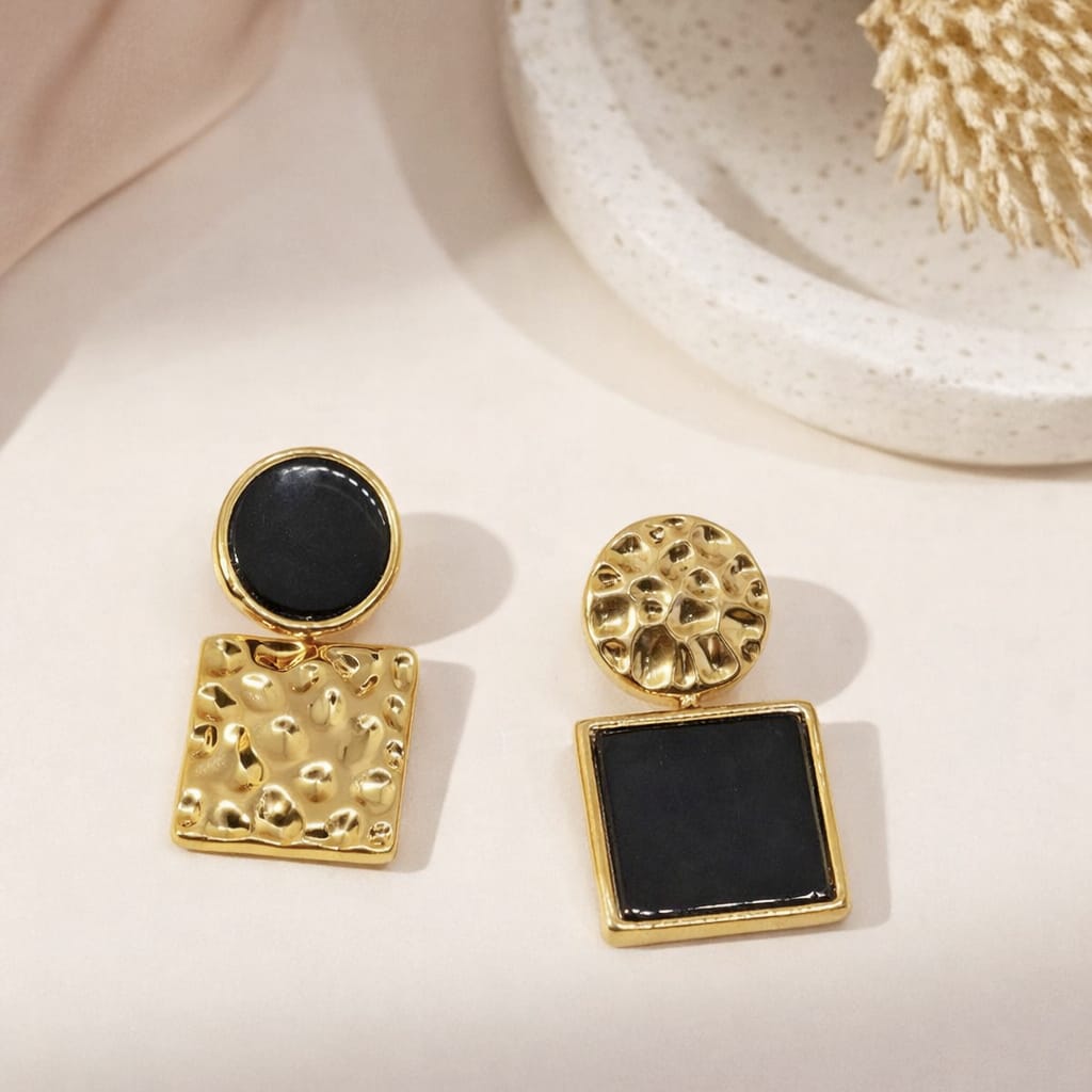 Dual Tone Geometric Statement Earrings | Black, Red & Pearl White | Isha Elite