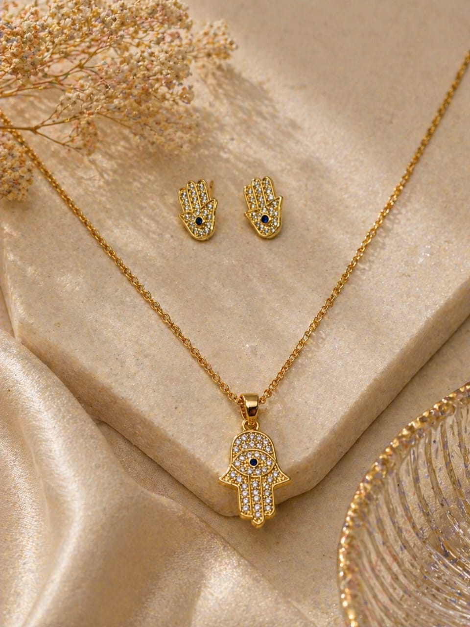 Anti Tarnish Evil Eye Hamsa Hand Pendant Set for Women