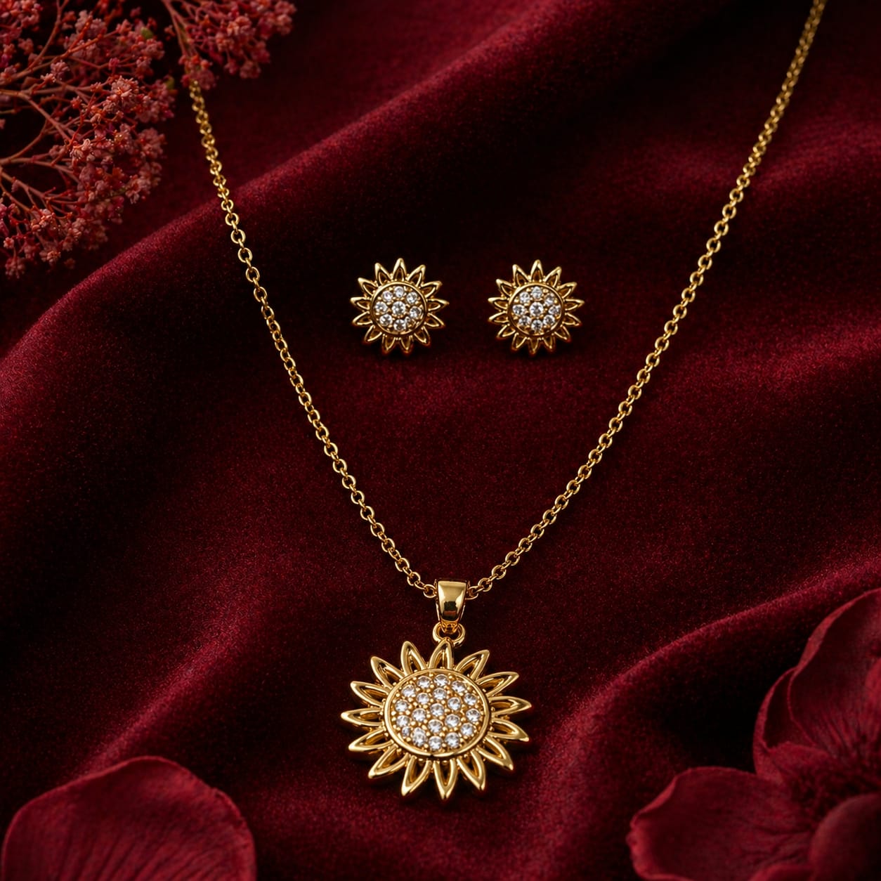 Golden Sunflower Zircon Pendant Set for Women