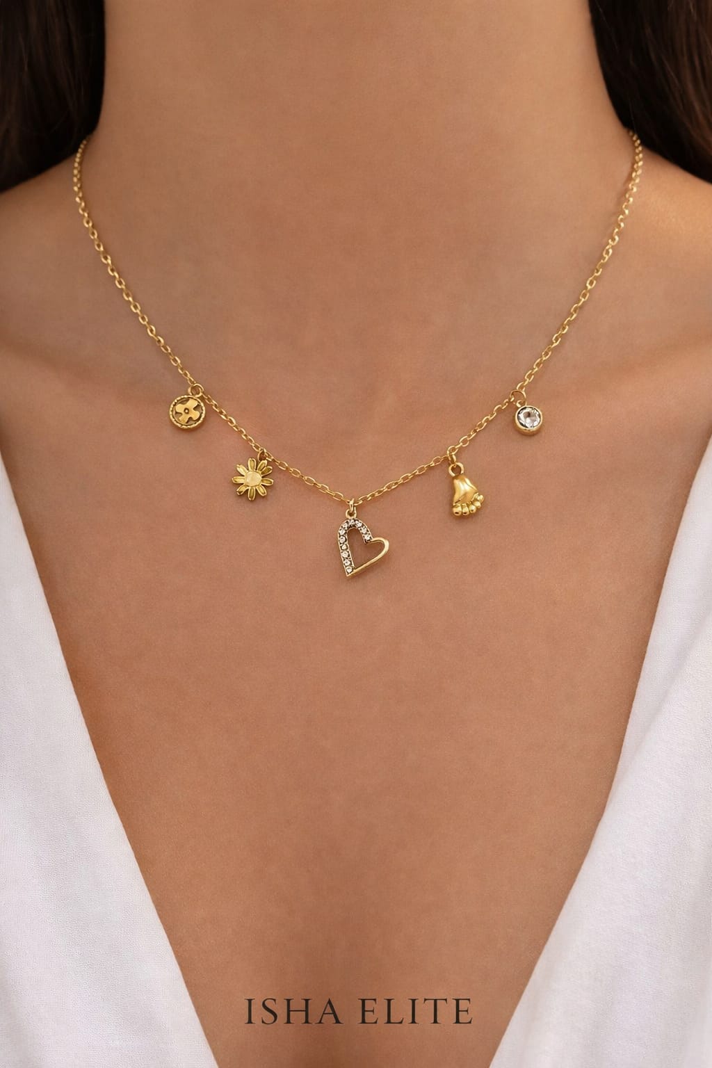 Golden Charm Heart Necklace for Women | Minimal Multi-Charm Pendant | Isha Elite