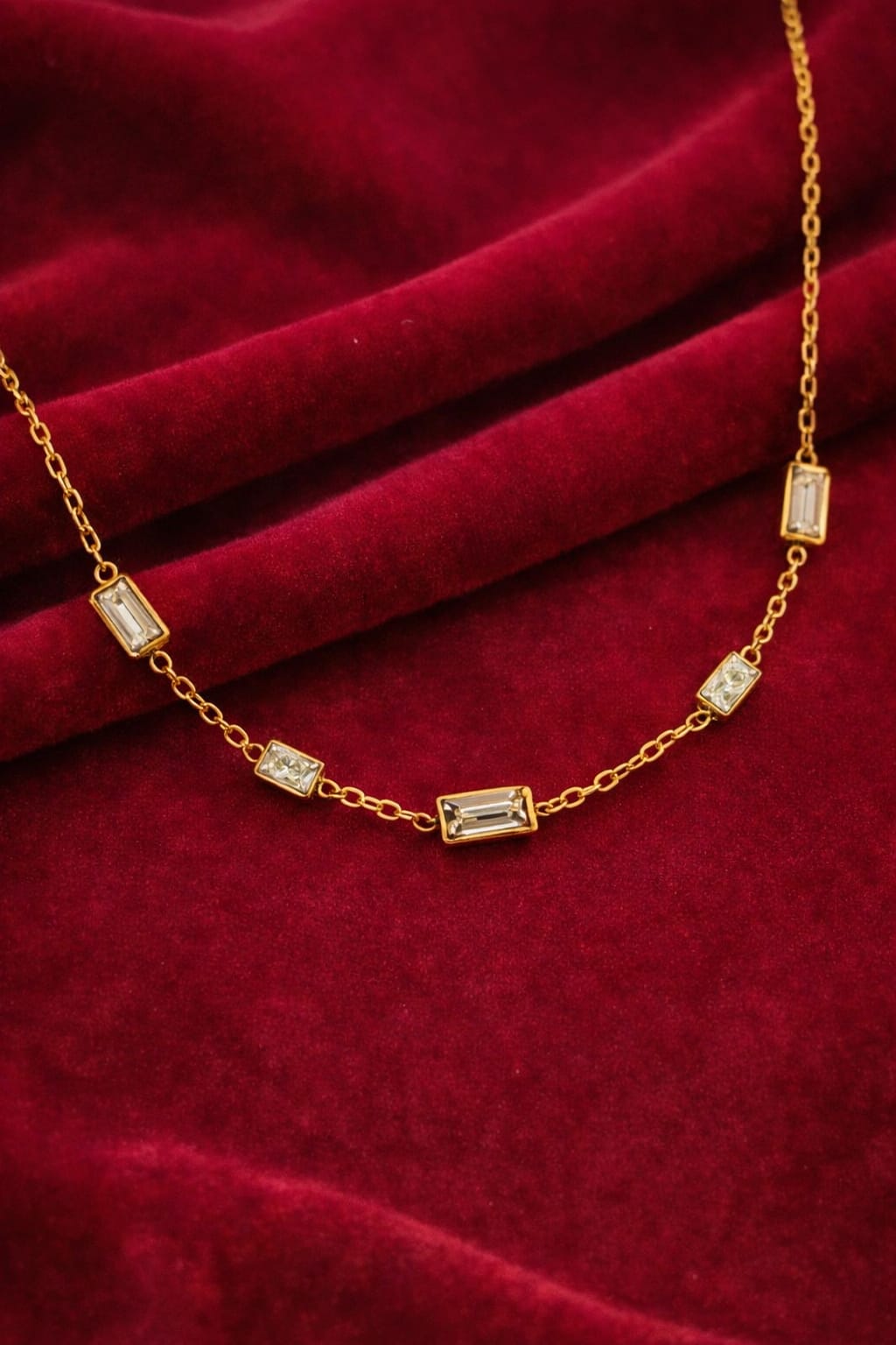 Gold Baguette Crystal Necklace for Women | Minimal Geometric Chain Necklace | Isha Elite
