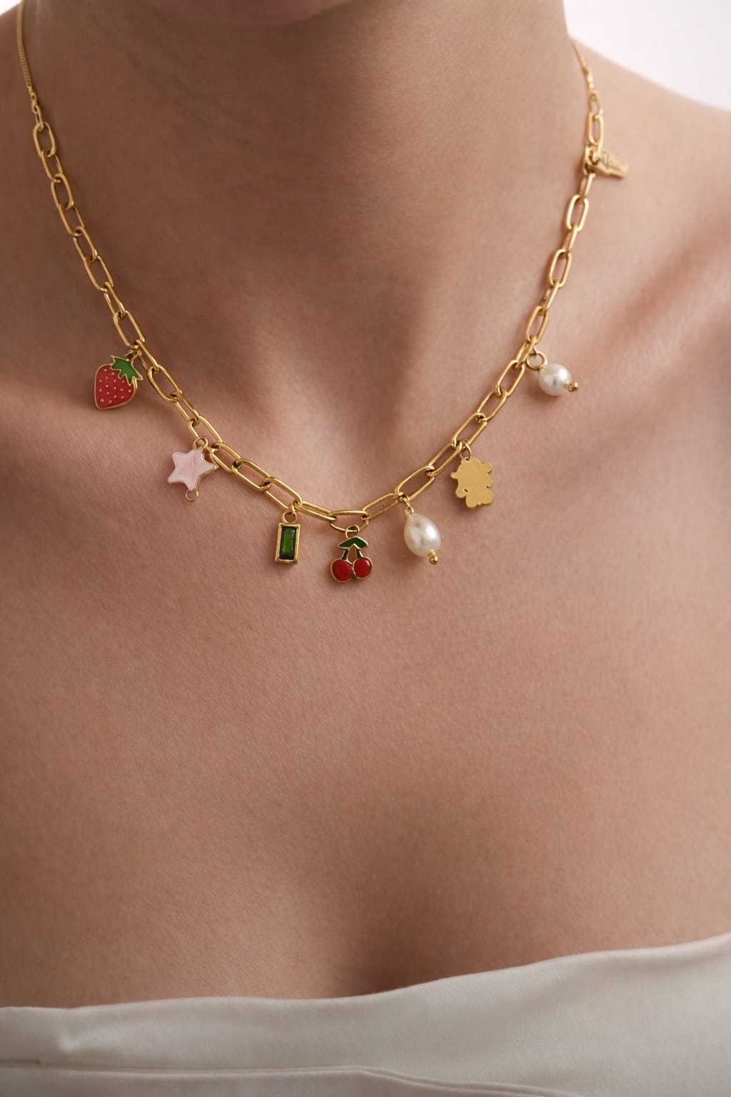 Golden Fruit Charm Necklace for Women | Strawberry & Cherry Charm Chain | Isha Elite