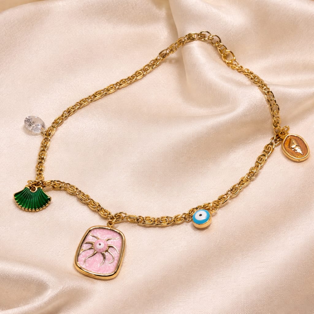 Evil Eye Charm Necklace for Women | Multi Charm Gold Chain Necklace | Isha Elite
