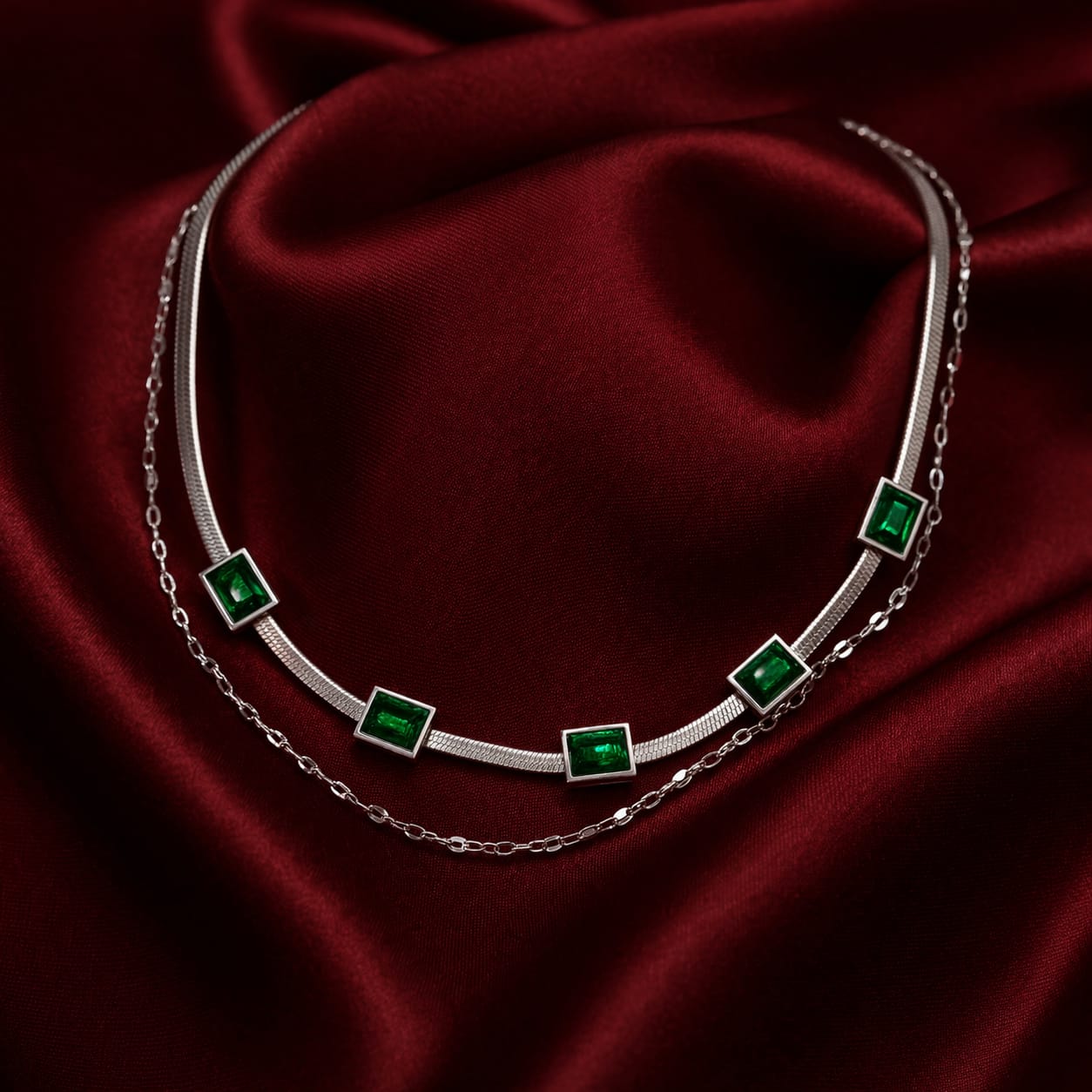 Emerald Green Crystal Layered Necklace for Women | Silver Snake Chain Necklace | Isha Elite