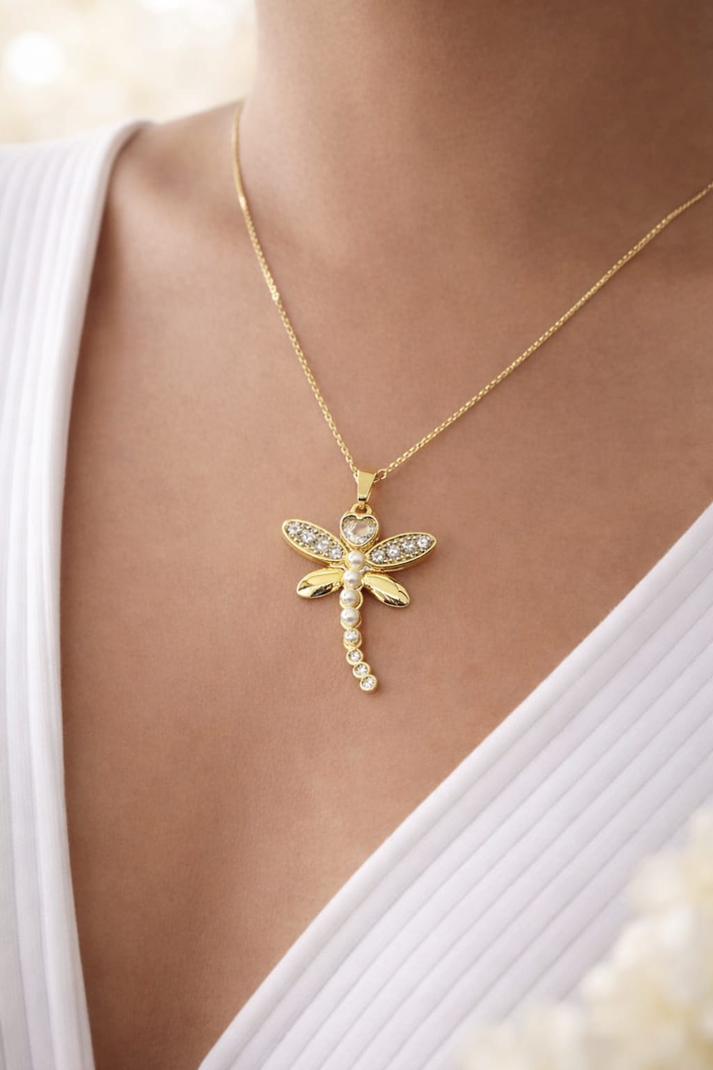 Golden Dragonfly Crystal Pendant Necklace for Women | Elegant Nature Inspired Jewelry | Isha Elite