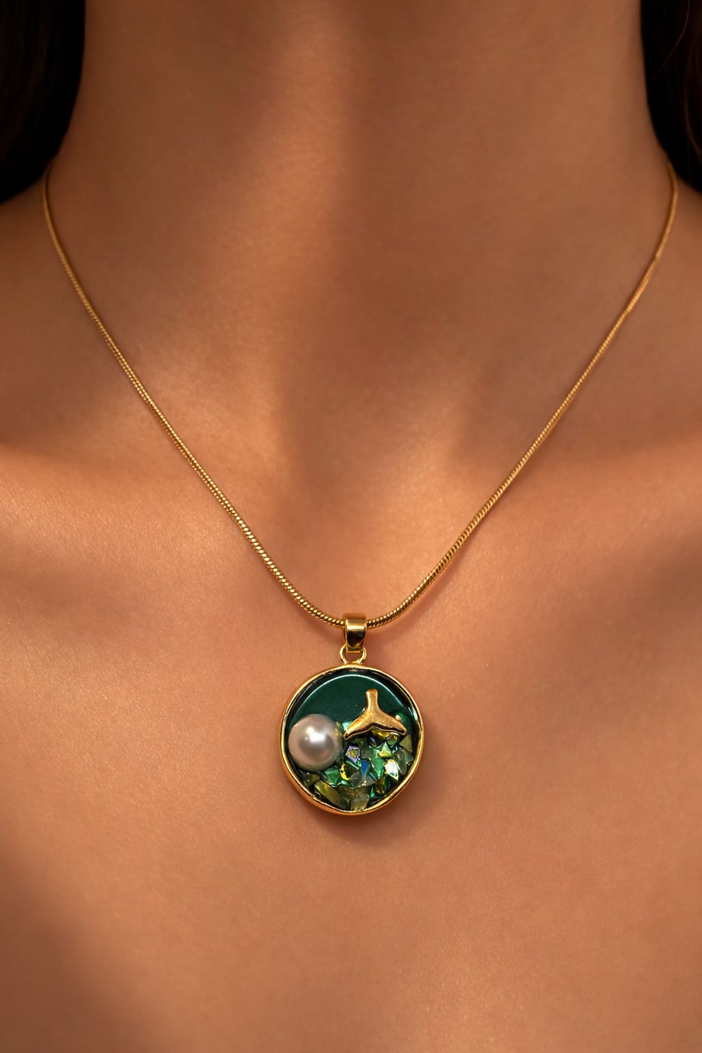 Emerald Pearl Ocean Pendant Necklace for Women | Gold Round Pendant | Elegant Statement Jewelry | Isha Elite